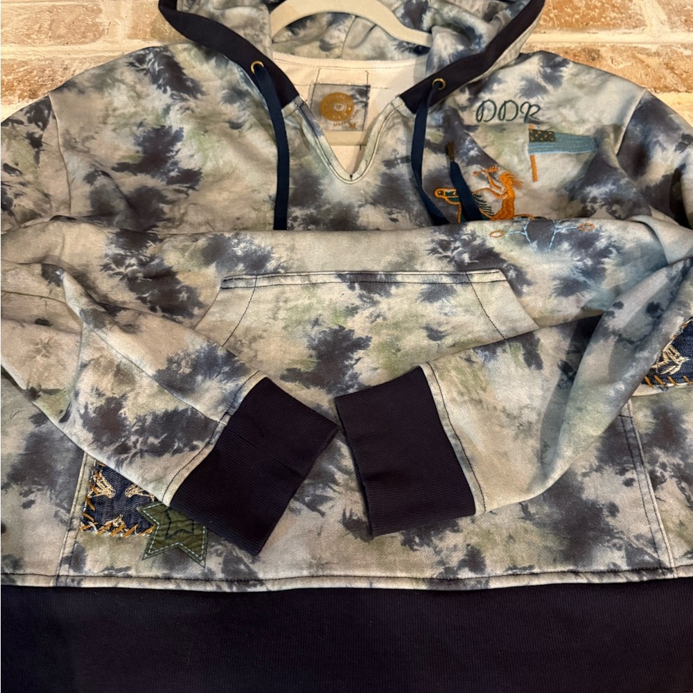 Double D Ranch Tie-Dye Hoodie with Embroidered Horse and Patches - Picture 10 of 11